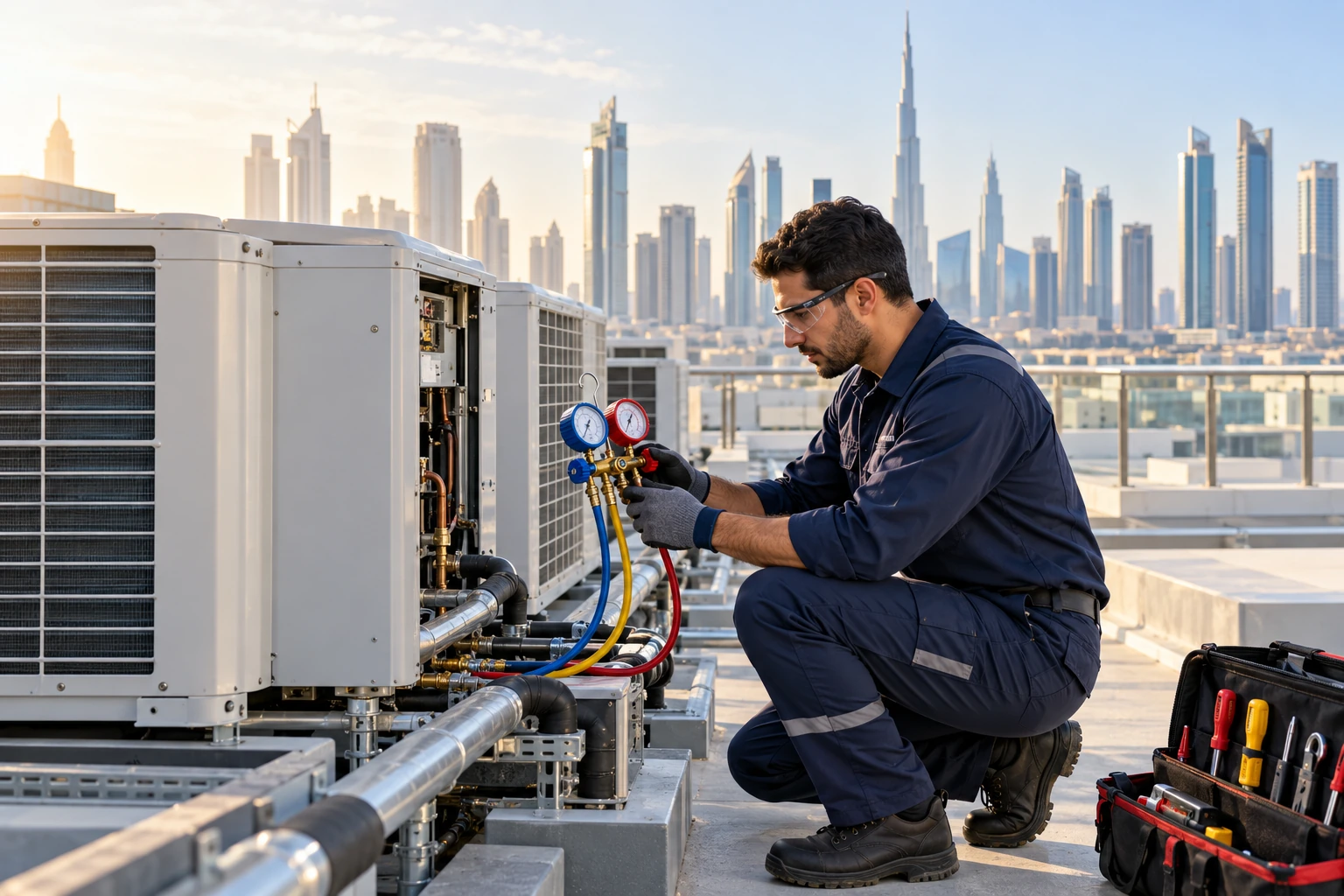 Professional HVAC technician inspecting a modern rooftop cooling system in Dubai