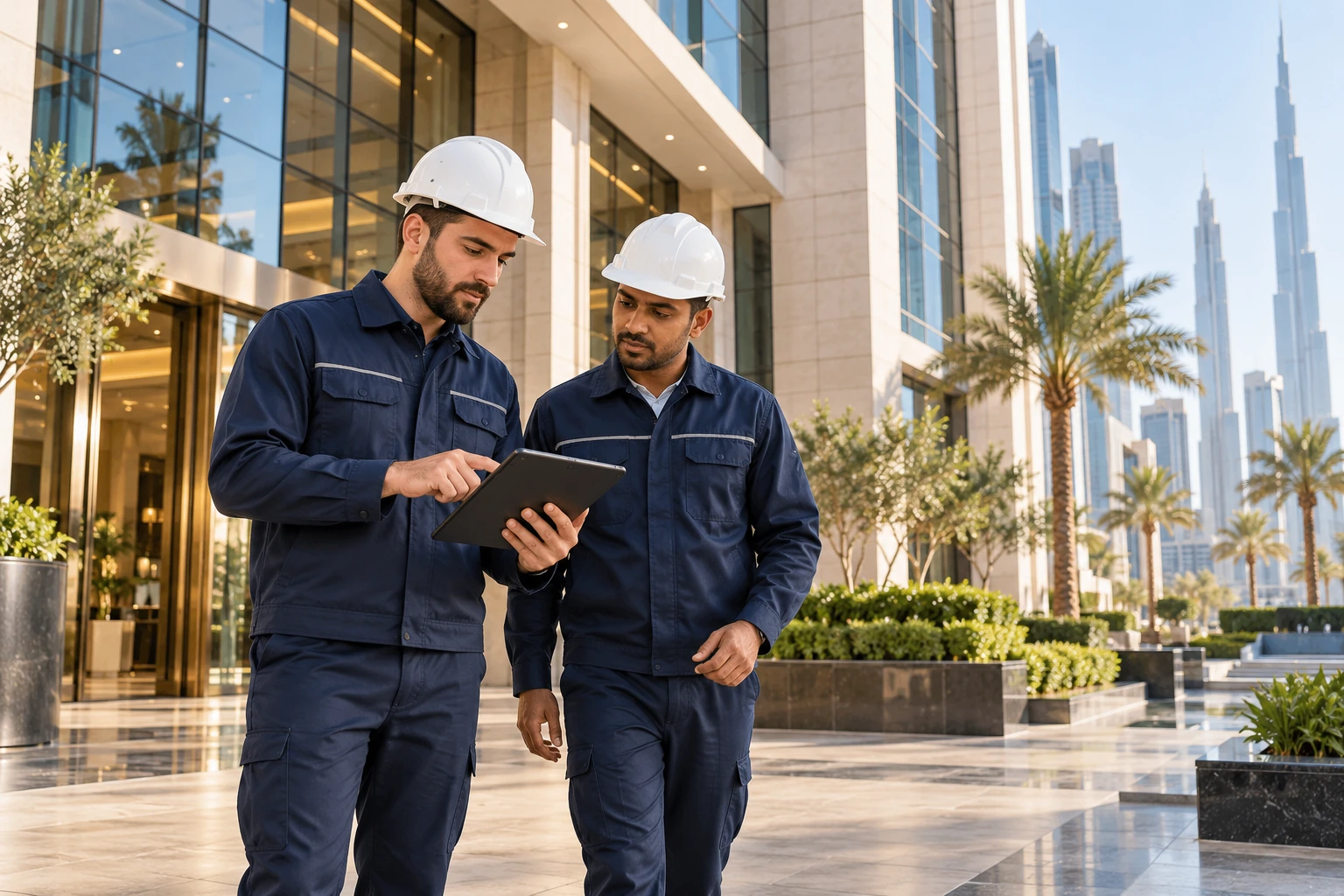 Facilities engineers reviewing a tablet during a property maintenance inspection