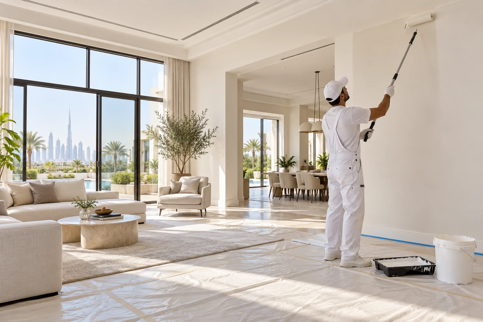 Professional painter applying a precise finish in a contemporary villa interior